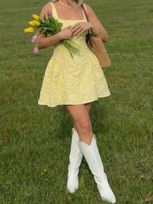 Butter Yellow Textured Mini Dress | Square Neck Flowy Dress For Picnic & Vacation - Yellow - View 4