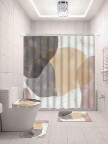 1/4 Piece Bathroom Curtain Set, Includes Shower Curtain, Bath Mat, Toilet Lid Cover And 12 Hooks - Abstract Block Anti-Slip Design - Polyester Fabric - Perfect Housewarming Gift - Multicolor - View 18