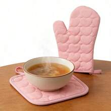 2pcs/Set Cute Pink Heart Quilted Heat Resistant Oven Mitts And Pot Holders, Essential For Baking & Cooking - Pink - View 5
