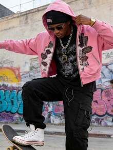 Printed Zipper Sweater Long-Sleeved Pullover Hoodie Vintage Jacket Street - Pink - View 1