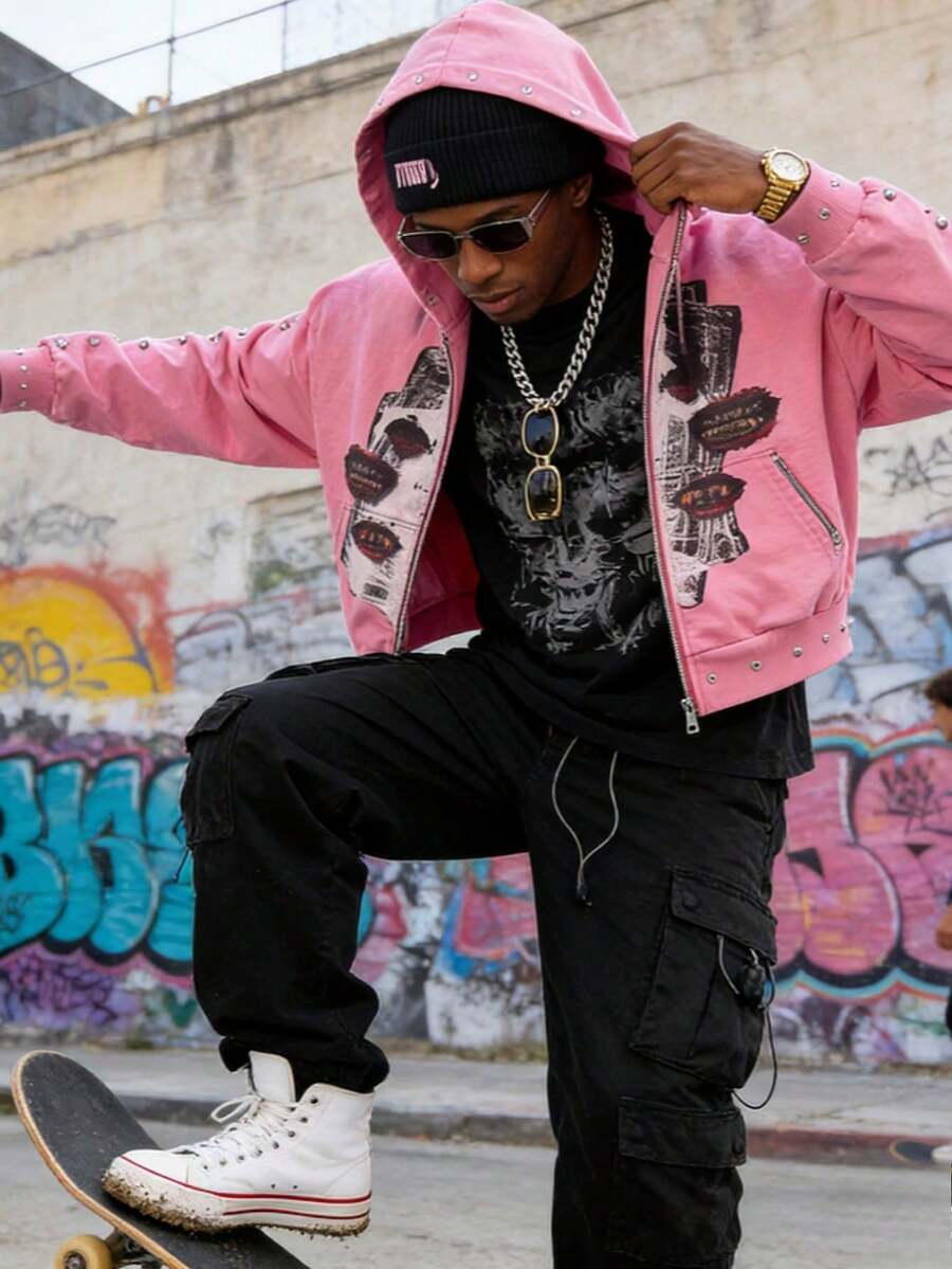 Printed Zipper Sweater Long-Sleeved Pullover Hoodie Vintage Jacket Street - Pink - View 1