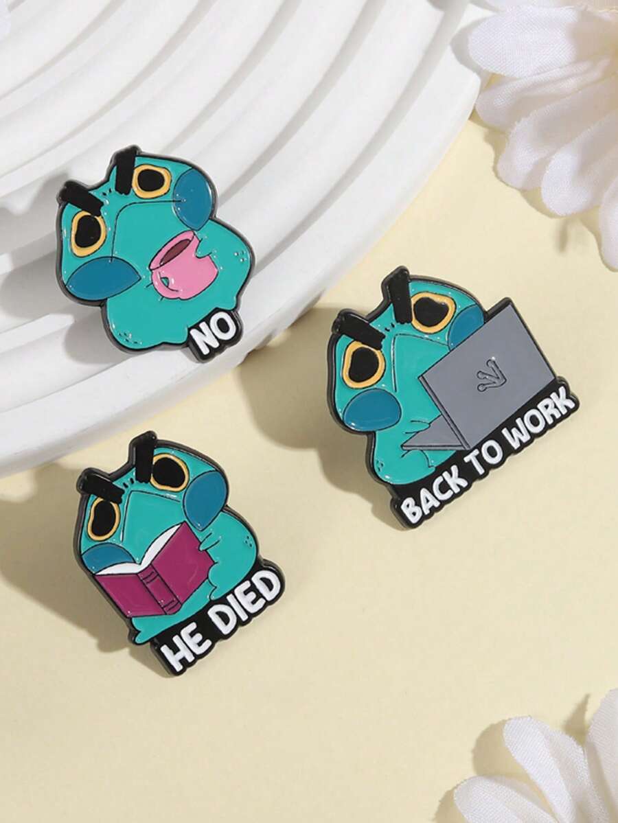1pc/Set Strange Alien Frog Spoilers Brooch Enamel Pins Cartoon Frog Reading Book Metal Brooches Backpack Lapel Badge Funnt Jewelry Gifts - Green - View 1
