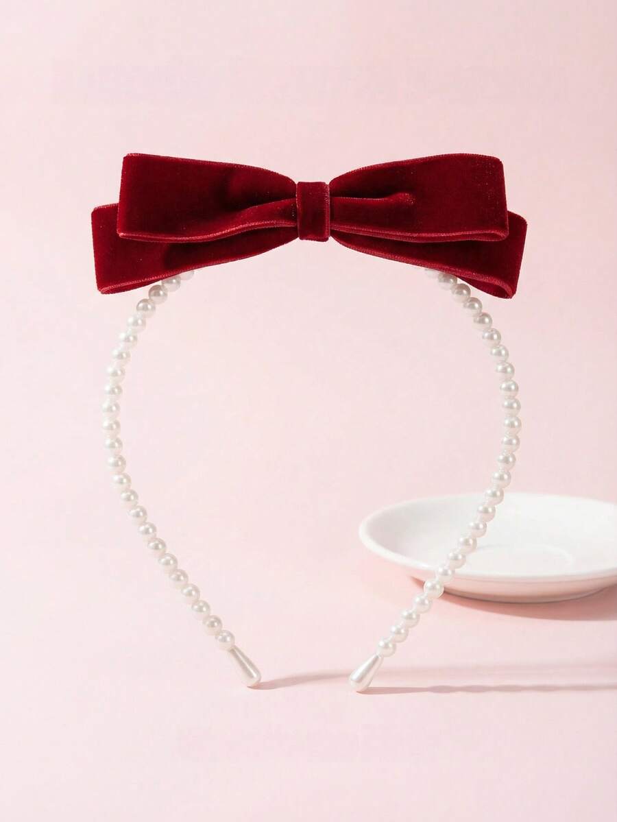 1pc/2Pcs New Year Girl Velvet Bow Hairband Exquisite Pearl Headband Children's Valentine's Day Sweet Hair Accessories - Red - View 1
