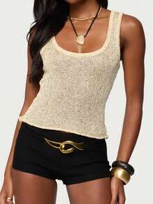 Women's Sequin Tank Tops Square Neck Sleeveless Knit Crop Top Summer Basic Shirts Sweater Vest - 米色 - 查看 1