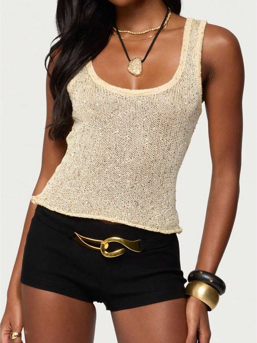 Women's Sequin Tank Tops Square Neck Sleeveless Knit Crop Top Summer Basic Shirts Sweater Vest - 米色 - 查看 1