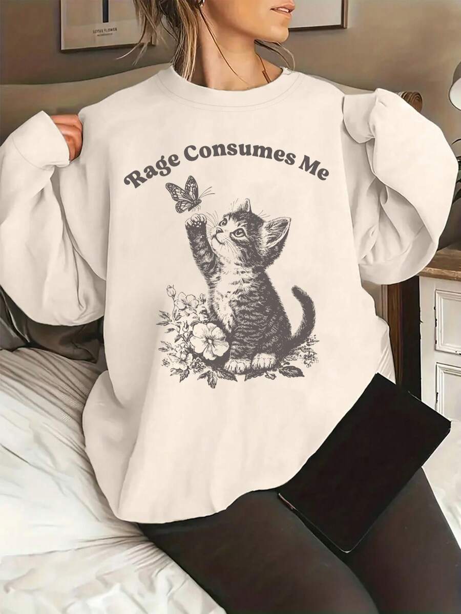 Rage Consumes Me Sweatshirt, Cute Cat Meme Sweatshirt, Funny Sarcastic Kitten Tee, Cottagecore  Mental Health Sweatshirt, Butterfly Shirt - 杏色 - 查看 1