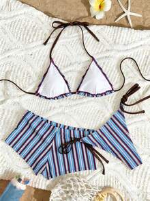 Bộ bikini 3 món dành cho nữ, họa tiết sọc phối màu mới, kiểu buộc dây phía trước, màu xanh nâu trắng, áo tắm hở lưng buộc dây kèm quần short đi biển dễ thương, thích hợp cho mùa xuân/hè đi biển, tiệc bể bơi, lễ tốt nghiệp, sinh nhật, khiêu vũ. - Nhiều màu - Xem 6