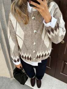 女士撞色菱形图案针织开衫 - 彩色 - 查看 3