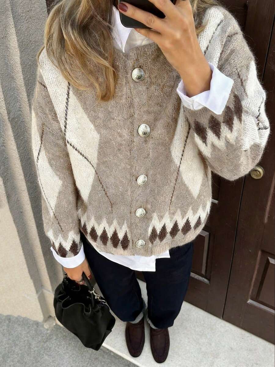 女士撞色菱形图案针织开衫