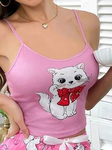 Pijama superior cómodo con estampado de gato lindo para mujer - Rosa - Ver 3