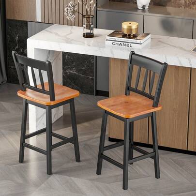  COSTWAY Set Of 2 Swivel Bar Stools, 24.5" Solid Rubberwood Counter Height Chairs With Backrest & Footrest, 360° Rotating Barstools For Pub & Kitchen Island, Black