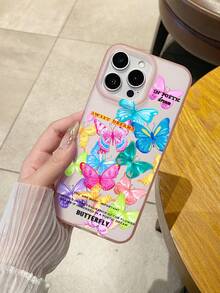 马卡龙色蝴蝶印花半透明粉色手机壳，Y2K千禧风格“甜蜜的梦”“蝴蝶”浪漫英文标语手机壳，柔软TPU哑光粉色表面，防滑纹理，兼容 - 粉色 - 查看 5