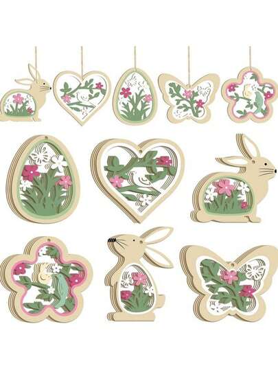 12pcs Wooden Easter Ornaments Decoration, Wood Colorful Flower Butterfly Egg Heart Rabbit Bunny Cutouts Ornament For Home Crafts Hanging Spring Happy Easter Party Decorations