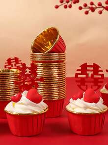 50入組紙紙杯蛋糕極簡風格素色蛋糕烤模適用於廚房烘焙 - 紅色 - 查看 8