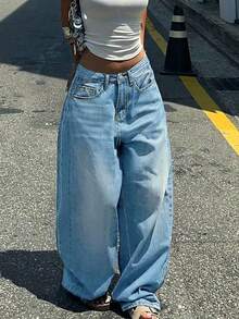 Casual American Street Style Minimalist Daily Commute Versatile Women Jeans, Oversized Boyfriend Style Women's Pocketed Wide Leg Relaxed Casual Jeans, Women Curve Jeans For Women, Valentine/Christmas/New Years Outfit, Holiday Gift - 藍色 - 查看 1