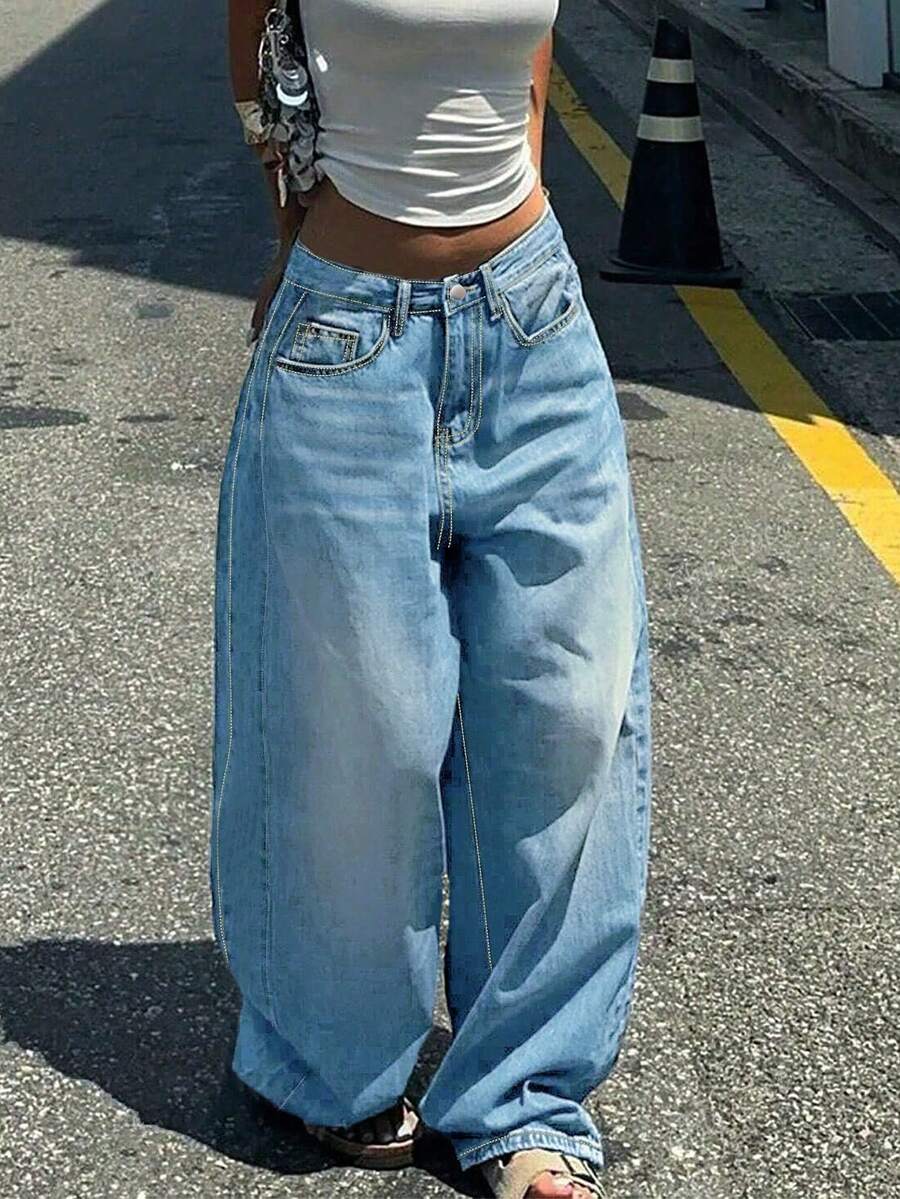 Casual American Street Style Minimalist Daily Commute Versatile Women Jeans, Oversized Boyfriend Style Women's Pocketed Wide Leg Relaxed Casual Jeans, Women Curve Jeans For Women, Valentine/Christmas/New Years Outfit, Holiday Gift - 藍色 - 查看 1