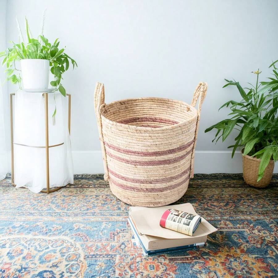 Earth-Toned Large Striped Wicker Basket - Multicolor - View 1