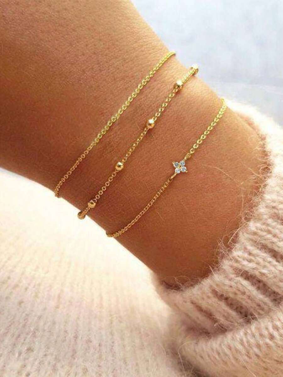 3件套女士手链套装，波西米亚夏季海滩风，金色电镀多层基础链，圆珠，卫星链，铜镶嵌锆石四叶草吊坠多层叠戴手链套装，日常叠戴首饰礼品