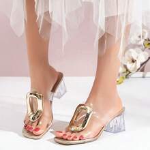 Tacones altos de punta cuadrada para mujeres, casuales y versátiles, con hebilla de metal y tacón de cristal - Dorado - Ver 1