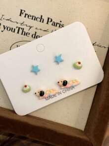 Conjunto de aretes con diseño geométrico de cachorrito y estrella - Multicolor - Ver 4