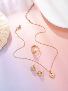 4件套不锈钢镀金心形首饰套装，法式优雅风格，适合日常佩戴、派对、度假、送礼。 - 金色 - 查看 3