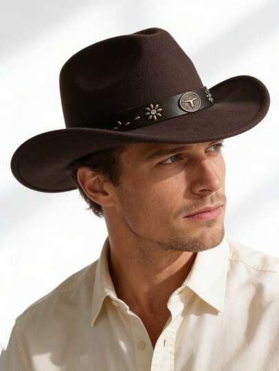 1pc Unisex Western Cowboy Hat - Classic Rolled Brim Fedora With Bull Buckle Leather Belt (Multiple Colors)