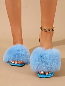 Women's Solid Color Fashionable Cute Faux Fur Splicing Sandals, Suitable For Parties, School, Vacation, Outdoor Wear In Summer - Baby Blue - View 3
