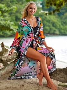 Đầm kimono dáng rộng in họa tiết nhiệt đới thắt eo dành cho nữ 26SS, đầm đi nghỉ mát thoải mái, đầm che bikini mùa hè. - Nhiều màu - Xem 5
