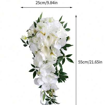 White Artificial Wedding Bouquets For Bride, Orchid Cascading Bridal Bouquet, Real Touch Silk Bouquet For Rustic Boho Vintage Wedding Ceremony Party And Anniversary Bridal Shower Home Decor