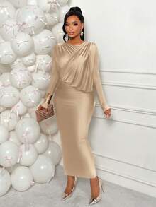 AIJ Vestido asimétrico de cuello brillante de punto de elegancia para mujer Amarilo, vestido ajustado ajustado con pliegues en la cadera, línea H con dobladillo dividido, perfecto para fiesta, boda, cita y oficina en primavera - Caqui - Ver 6