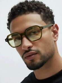 1副男士方形镜框简约铆钉百搭时尚眼镜 - 綠色 - 查看 2