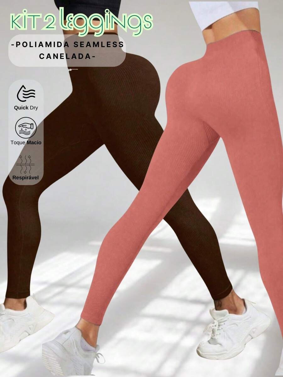 2-Pack Of Thick Ribbed Leggings – High Compression & Double The Seamless Technology - 咖啡和珊瑚 - 查看 1