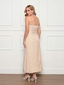 Vestido Longo Feminino tomara que cai Fenta na frente Zíper Com cinto Bolso Escritório Festa Elegante Verao ANLE MODAS - Caqui - Visão 4