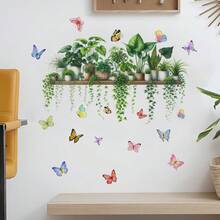1/5件装绿色植物藤蔓盆栽和蝴蝶墙贴，可移除自粘PVC防水植物主题贴纸，适用于卧室、厨房、书房和室内家居装饰。 - 彩色 - 查看 3