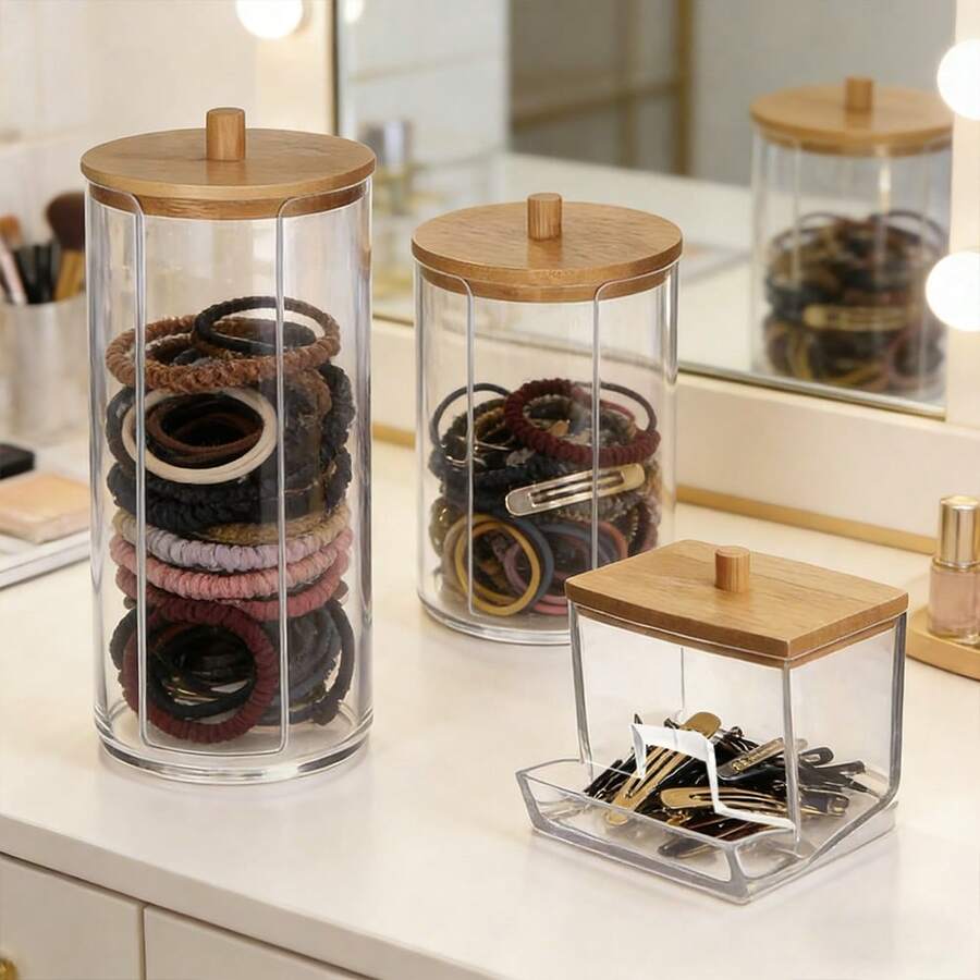 3Pcs Hair Accessory Organizer Set, Clear Acrylic Scrunchie Holder Stand & Hair Clip Dispenser With Bamboo Lid, Dustproof Hair Tie Storage Jar For Vanity Dresser Organization - Multicolor - View 1