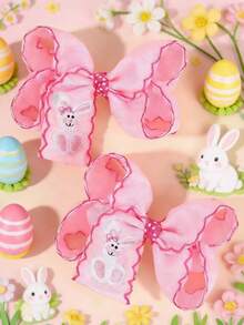 2个可爱复活节兔子发夹，粉色/白色/蓝色，刺绣兔子装饰，缎面荷叶边发夹，鳄鱼夹，节日春季发饰，适合复活节彩蛋寻宝、教堂活动和篮子填充物 - 彩色 - 查看 1