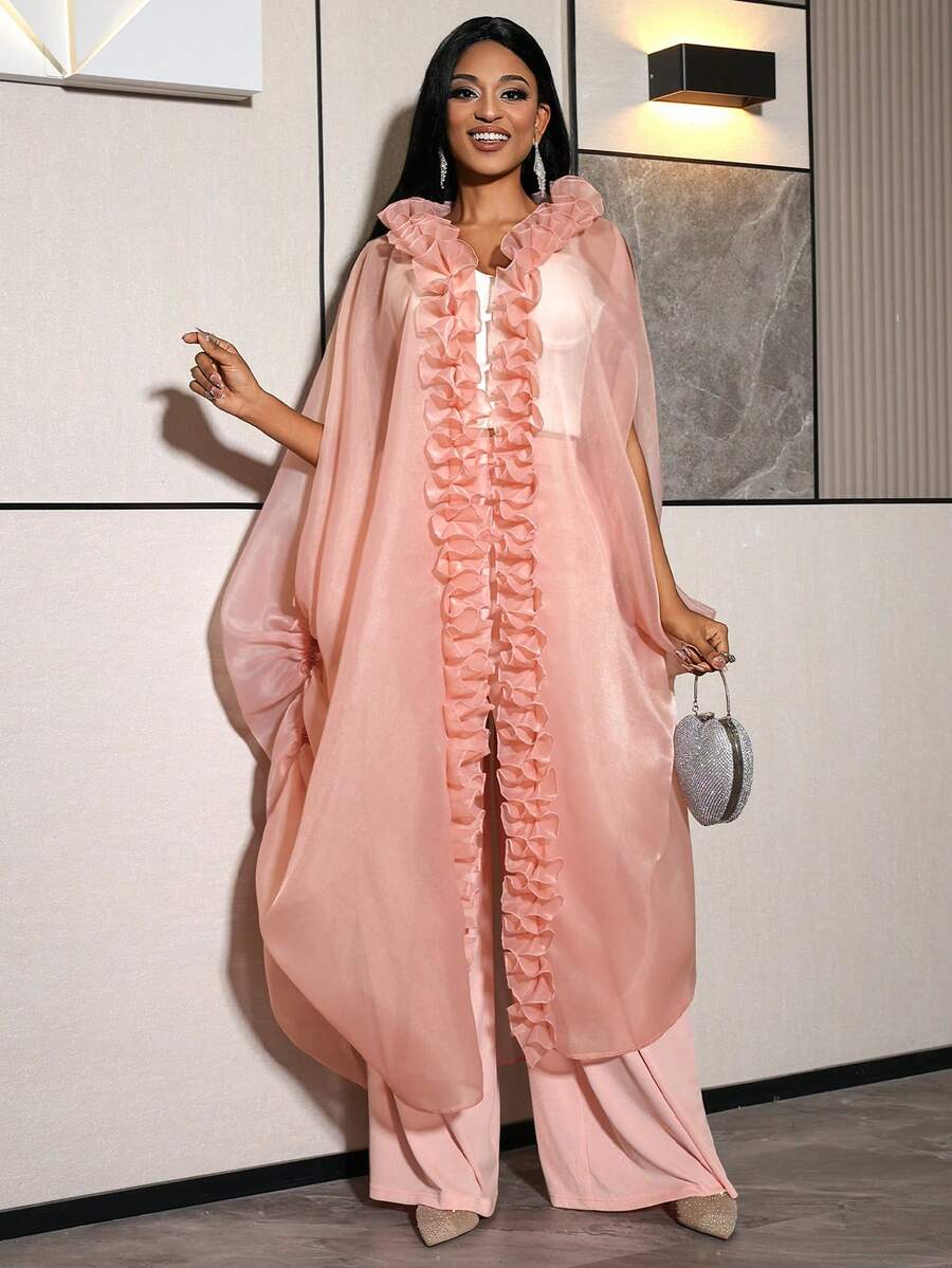 性感女士宽松露肩雪纺薄纱长裙，荷叶边开衫设计，抽绳腰带，适合婚礼宾客穿着 - 粉色 - 查看 1