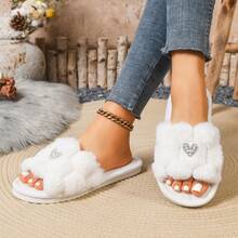 Women's Heart Rhinestone Plush Slippers, Comfortable Lightweight Indoor/Outdoor Versatile Soft Plush Slippers - Heart-shaped Open Slippers - View 4