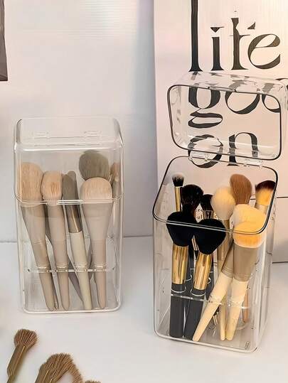 Dust-Proof Makeup Brush Storage Box With Lid, Transparent Desktop Organizer For Makeup Brushes, Pens, Cosmetics And Small Items, Multi-Functional Makeup Brush Holder Suitable For Home, Office, Holiday, Beach, Bathroom, Bedroom, Large Capacity