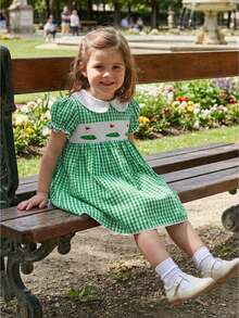 Infant Girls Golf Outfit Toddler Girl Smocked Golf Dress Puff Short Sleeve Summer Green Gingham Athletic Dresses - 綠色 - 查看 8