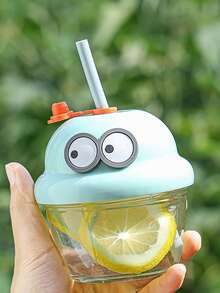 210毫升可爱卡通吸管杯，带盖和吸管 | 玻璃材质，可重复使用，香肠嘴造型，眼睛图案，适合盛装冷热饮品，如咖啡、葡萄酒、果汁、奶昔、珍珠奶茶等，生日礼物，极具美感，派对饮具，情人节礼物，新年礼物，精致创意礼品，斋月礼物 - 彩色 - 查看 2