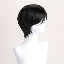 10 Inch Black Short Wavy Wig, Heat Resistant Synthetic Fiber Wig, Layered Short Hair Style Suitable For Anime, Cosplay, Daily Wear, Masquerade - Multicolor - View 5