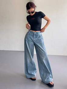 Women's Vintage Washed High Waisted Wide Leg Jeans - Loose Baggy Flattering Denim Pants | Casual Streetwear Trousers (Multiple Washed Colors) - 藍色 - 查看 3