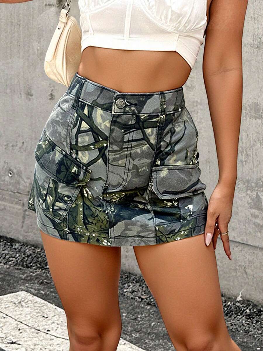 NVFelix 女士休闲迷彩短款修身半身裙，带拉链细节，无弹力面料，适合度假穿着 - 灰色 - 查看 1