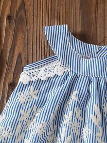 Baby Girls' Fashion Casual Cute Set, Stylish Off-Shoulder Ruffle Trim Sleeveless Top + Loose Striped Pants - Blue - View 5