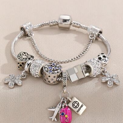 1 pieza Brazalete de cuentas de moda DIY con colgante de avión, maleta y pasaporte, accesorio de uso diario como regalo