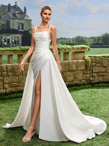 Elasola French Minimalist Satin Short Train Lightweight Outdoor Lawn Wedding Dress For Registry White Spring - White - View 10