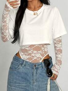 GLOpass Sexy Y2K Lace Sheer Illusion Fitted Romper, Suitable For Music Festival, Date, Party And Daily Wear, Spring/Summer - White - View 2