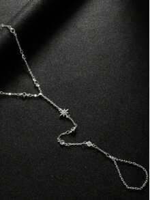 1pc Elegant Geometric Star Linked Finger Chain Bracelet, Vintage Romantic Style - Silver - View 2