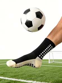 1 par de calcetines de fútbol gruesos para hombres, hasta la rodilla, antideslizantes, negros, para gimnasio, otoño - Negro - Ver 3